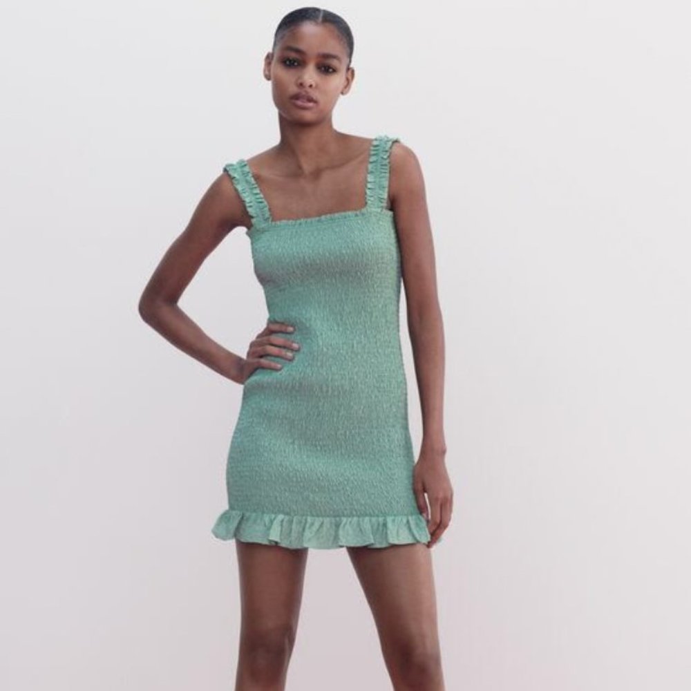 ZARA Textured weave mini dress in washed green